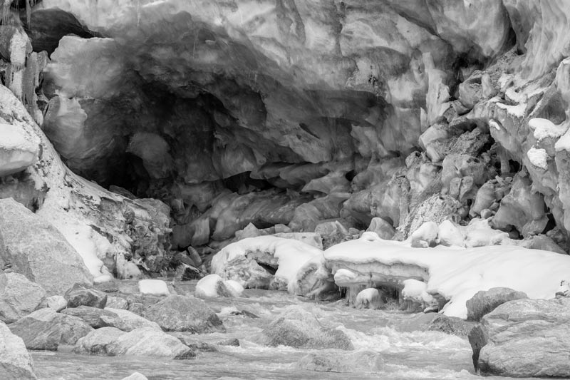Gaumukh – the snout of Gangotri glacier - and river Bhagirathi emanating from Gangotri glacier in Uttarkashi district, Uttarakhand